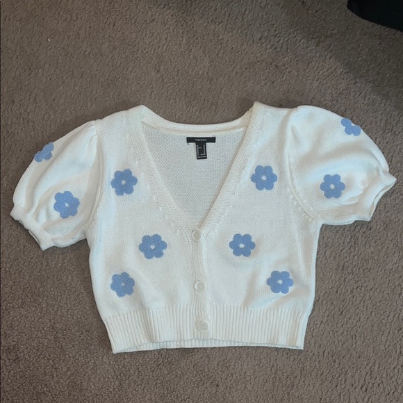 Forever 21 Sweaters - White Floral Puff Sleeve Cardigan Forever 21